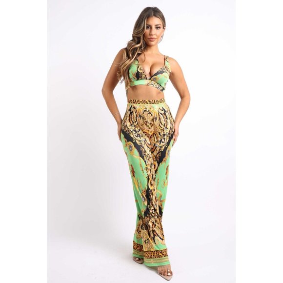 Women's Printed Sleeveless Crop Top And Matching Flare Pants Party Outfit Set - Picture 4 of 13